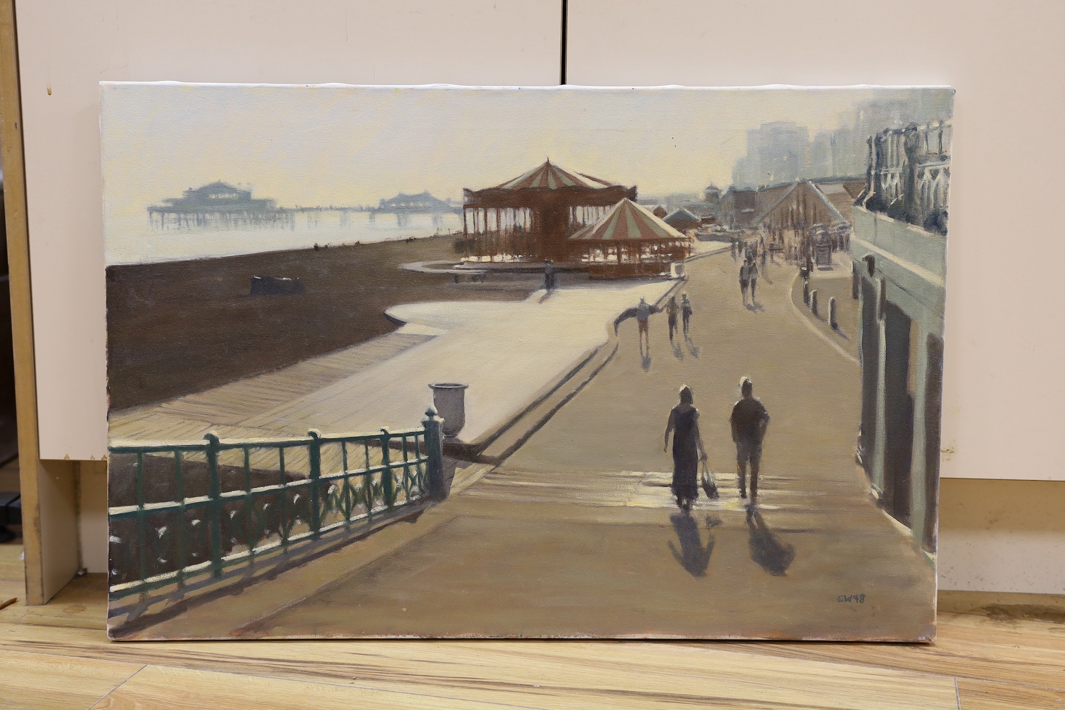 Colin Willey, oil on canvas, Brighton esplanade looking west, initialled and dated ‘98, unframed, 51 x 76.5cm